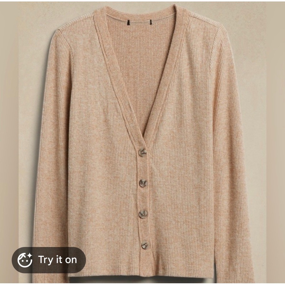 Banana Republic Womens XS Tan Beige Ribbed Knit V-Neck Button Front‎ Cardigan